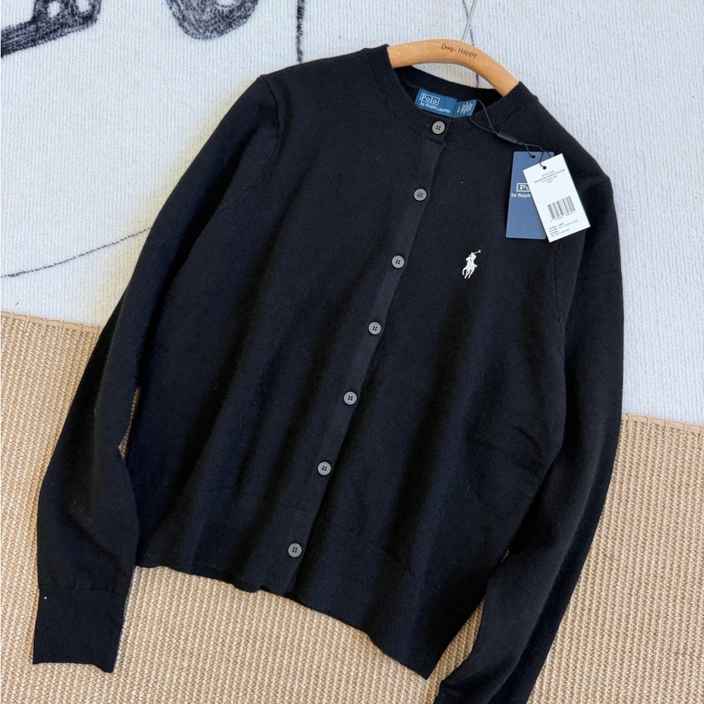 Ralph Lauren Black Button-Front Crewneck Cardigan with Polo Pony